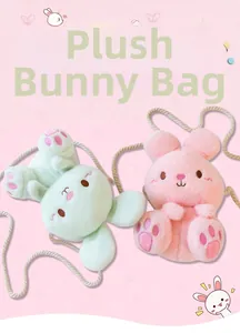 Detail of pink and mint green plush bunny bags with soft fur and rope shoulder straps