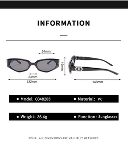 Detailed technical drawing of black cat-eye sunglasses with precise frame measurements