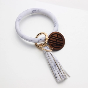 PU Leather Wristlet Keychain With Tassel And Round Wood Charm Leopard Marble Print Key Ring For Women Bracelet Holder