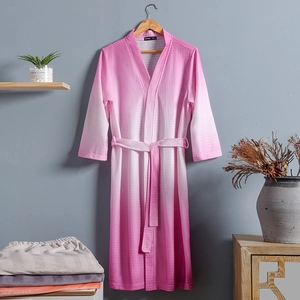 Pink and white gradient waffle texture bathrobe for couples with soft breathable fabric