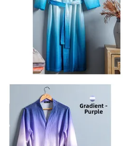 Close-up of gradient waffle weave bathrobes with kimono collar and waist tie details