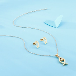Sweet Hollow Fish Titanium Steel Rhinestone Jewelry For Women Girls Minimalist Animal Pendant Necklace And Stud Earrings