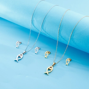 Minimalist fish-shaped necklace and earrings set in gold and silver plating