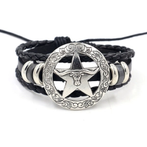 Dettaglio di un bracciale in pelle intrecciata nera con ciondolo a testa di toro vintage