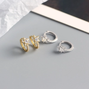 Minimalist S925 sterling silver star hoop earrings with sparkling zircon inlay in gold and silver