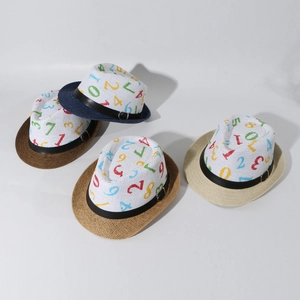 Kids woven straw sun hats with colorful numbers pattern and decorative black bands