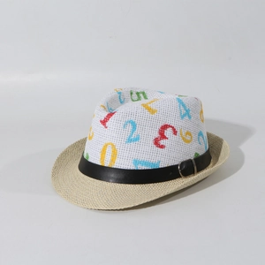 Detailed macro view of kids jazz straw hat featuring colorful printed numbers and a black strap