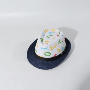 Detailed macro view of woven kids sun hat with colorful numbers and navy blue brim
