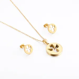 Angel Hollow Round Pendant Necklace Stud Earrings Stainless Steel Jewelry Elegant Sweet For Women