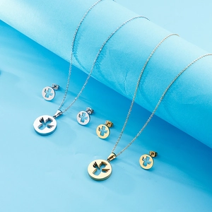 Fashion stainless steel angel necklace and earrings set in gold and silver finishes