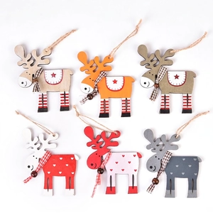 Set of 6 wooden Christmas reindeer ornaments with colorful scarves for tree decoration
