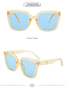 Square oversized yellow jelly sunglasses with light blue lenses shown in front and side view