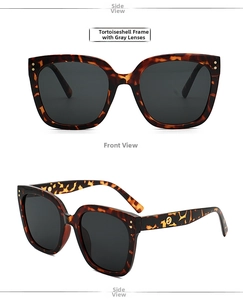 Macro view of oversized tortoiseshell sunglasses with grey lenses and gold accents