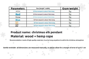 Size chart showing wooden reindeer ornaments dimensions 10x9cm with hanging rope length