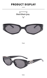 Front and side views of black cat-eye sunglasses with silver diamond rhinestone accents