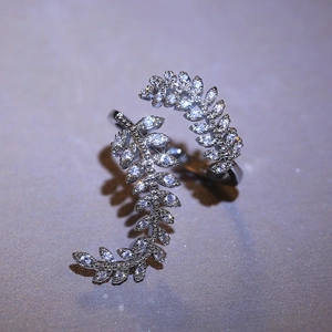 Macro shot of silver leaf ring featuring detailed pavé cubic zirconia setting for women