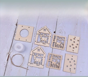 DIY Christmas wooden house parts with reindeer patterns, candle light, and hemp rope set
