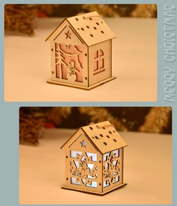 Detail of wooden LED Christmas house with snowflake cutouts and dual lighting effects