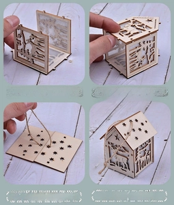 Step-by-step assembly guide for a laser-cut wooden Christmas house with reindeer patterns