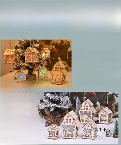 Detail of wooden Christmas house ornament with LED light and cutout reindeer patterns