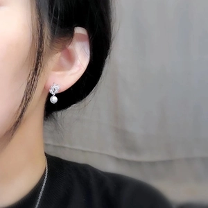 Elegant silver leaf pearl drop earrings with sparkling AAA marquise cut cubic zirconia