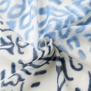 Harajuku style blue and white ikat print scarf with soft cotton linen ripples and tassels