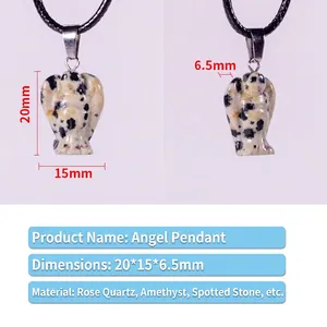 Natural spotted stone angel pendant with black cord necklace, sized 20x15x6.5mm