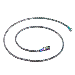 Rainbow plated stainless steel twist chain necklace with lobster clasp on white background