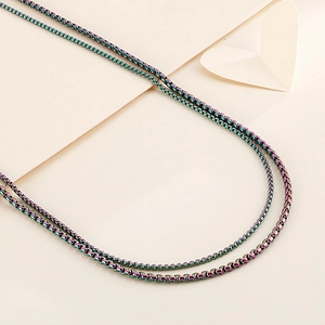 Rainbow plated stainless steel box chain necklace with colorful gradient finish