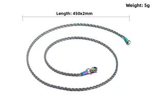 Rainbow stainless steel twisted rope chain with dimensions 450mm x 2mm and 5g weight
