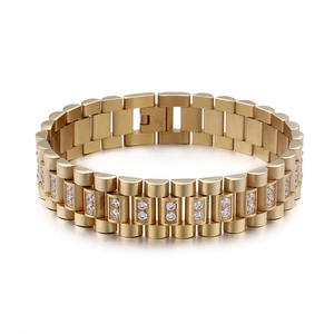 Gold stainless steel president link bracelet with cubic zirconia stones for men