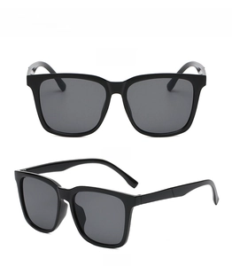 Front and 45-degree side view of trendy square black sunglasses with thick frames