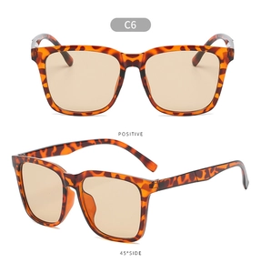 Front and 45-degree side view of trendy tortoiseshell square sunglasses with yellow lenses