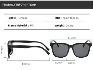 Detailed size chart for square frame unisex sunglasses showing PC frame dimensions