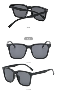 Three-view layout of trendy black square sunglasses showing front, back, and 45-degree angles