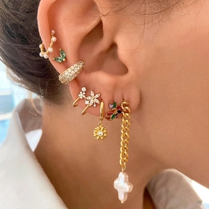 S925 silver needle colorful zircon flower earrings and baroque pearl cross pendants