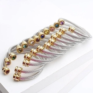 Titanium steel cable bracelets set with colorful gemstones in silver and gold finish