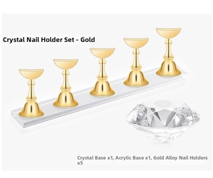 Manicure display set with 5 gold nail holders, acrylic base and crystal heart stand