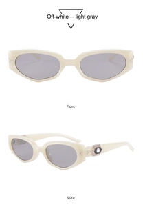 Detailed views of off-white cat-eye sunglasses with hexagon metal temple details