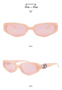 Detailed views of pink cat-eye sunglasses with star-shaped metal hinge decorations