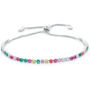 Adjustable silver tennis bracelet with multi-color cubic zirconia and sliding clasp