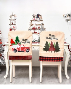 Detail of Christmas chair covers featuring gnome and red car embroidery on linen fabric