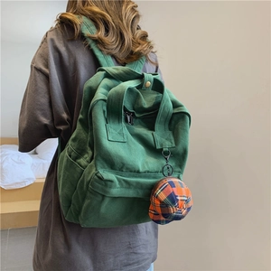 Casual Canvas Backpack For School Travel Large Capacity Solid Color Breathable Students Shoulder Bag With Plaid Hat Charm