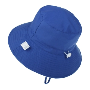 Kids blue sun hat with UPF 50+ protection and adjustable wind rope shown from 45-degree angle
