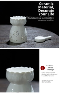Detail of white lotus ceramic incense burner with hollow floral pattern and magnetic closure
