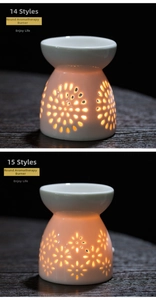 Detailed close-up of ceramic aromatherapy burner with hollow patterns and warm light