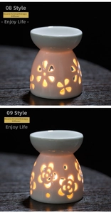 Detail view of round ceramic aroma burners with flower cutouts and warm glowing light