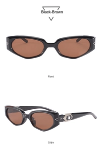 Detailed front and side view of cat-eye sunglasses with hexagon rhinestone metal decor