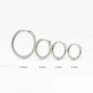 Minimalist S925 sterling silver twisted rope hoop earrings in four assorted sizes