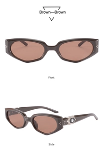 Brown cat-eye sunglasses with thick frames and silver hexagonal temple detail